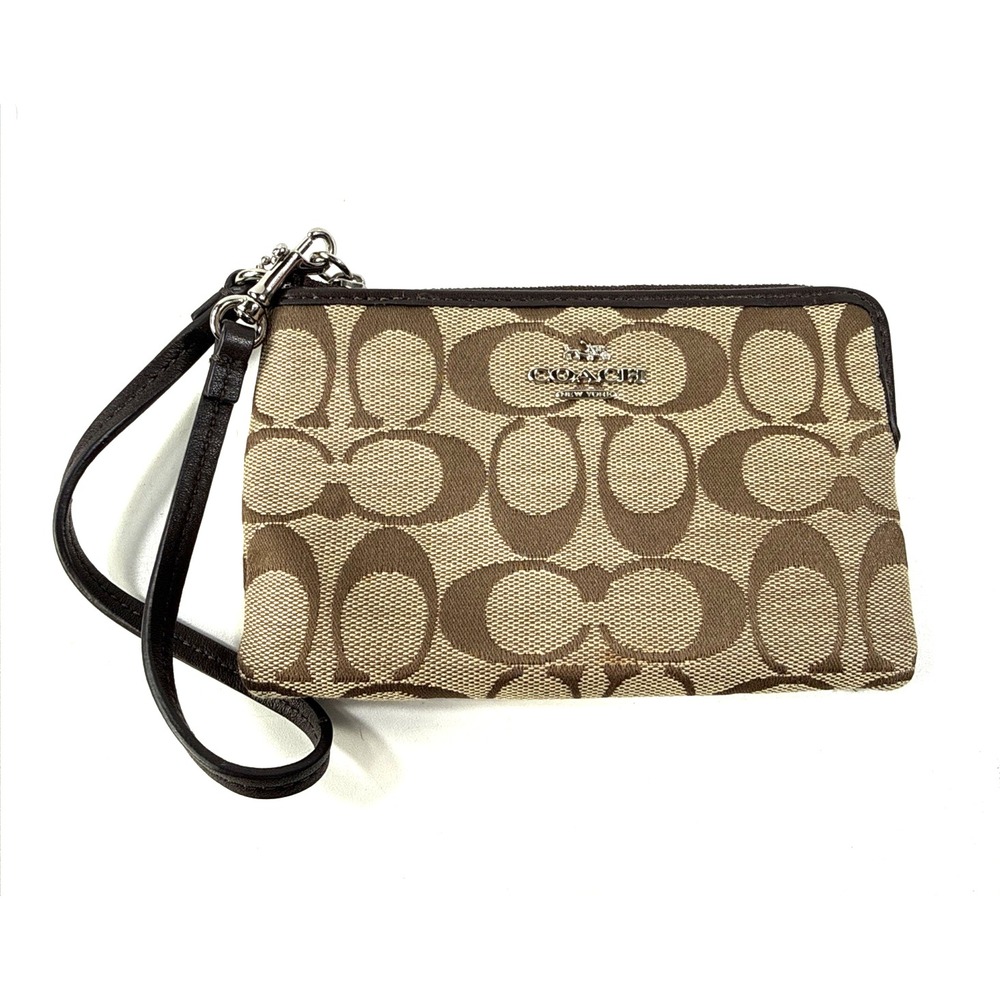 Small Coach Signature Canvas Zip Wristlet Brown/Tan Pattern